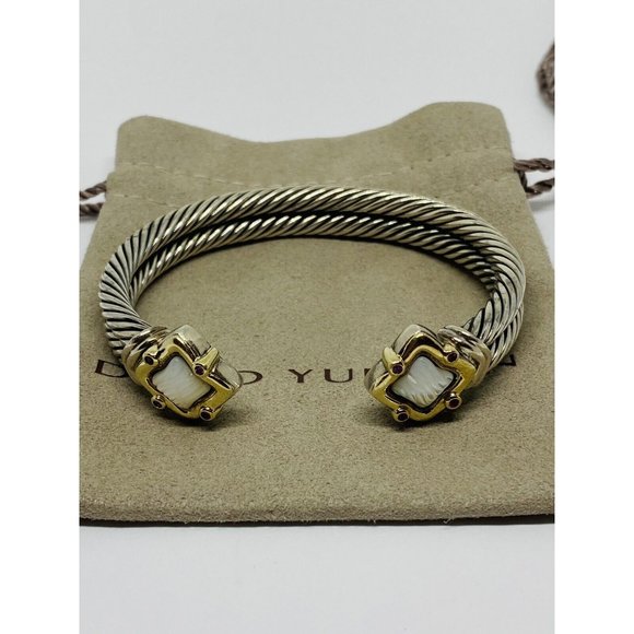 David Yurman Double Cable Sterling 18K Quatrefoil Carved Mother Pearl Bracelet - Picture 10 of 10